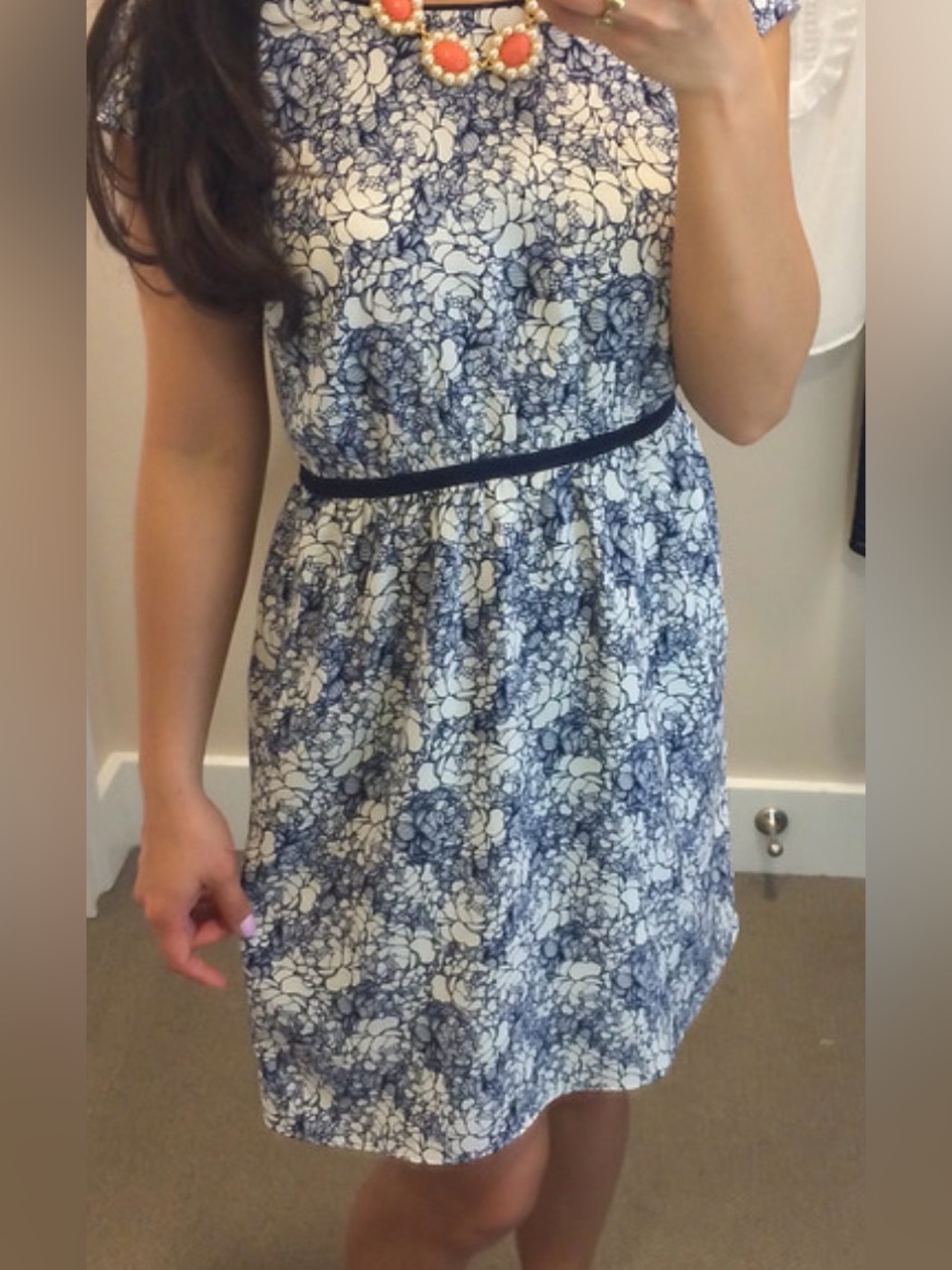 LOFT Floral Navy and White Cap-Sleeve Dress